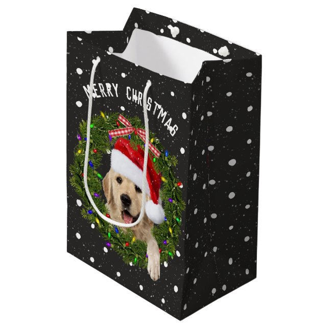 Frohe Weihnachten Golden Retriever auf Polka Punkt Mittlere Geschenktüte (Vorderseite Schrägansicht)