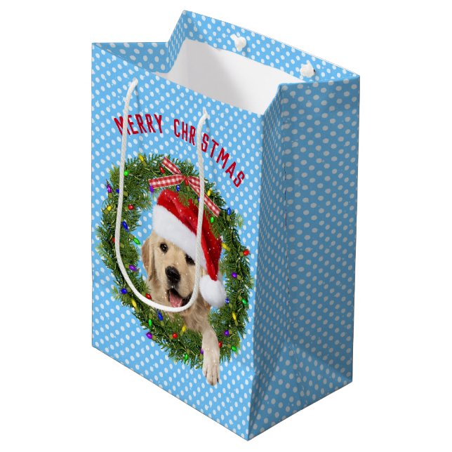 Frohe Weihnachten Golden Retriever auf Polka Punkt Mittlere Geschenktüte (Vorderseite Schrägansicht)