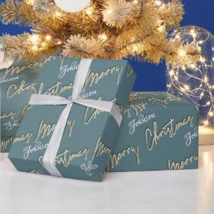 Frohe Weihnachten Golden Script Name Smoky Aqua Bl Geschenkpapier