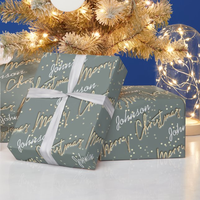 Frohe Weihnachten Golden Script Name Smoky Blue Geschenkpapier (Feiertage)
