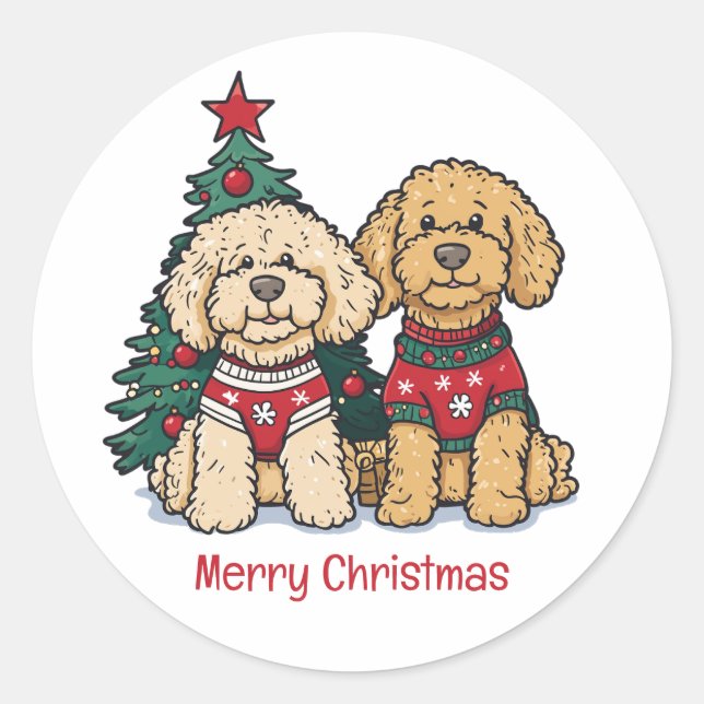 Frohe Weihnachten Goldendoodle Hunde Runder Aufkleber (Vorderseite)