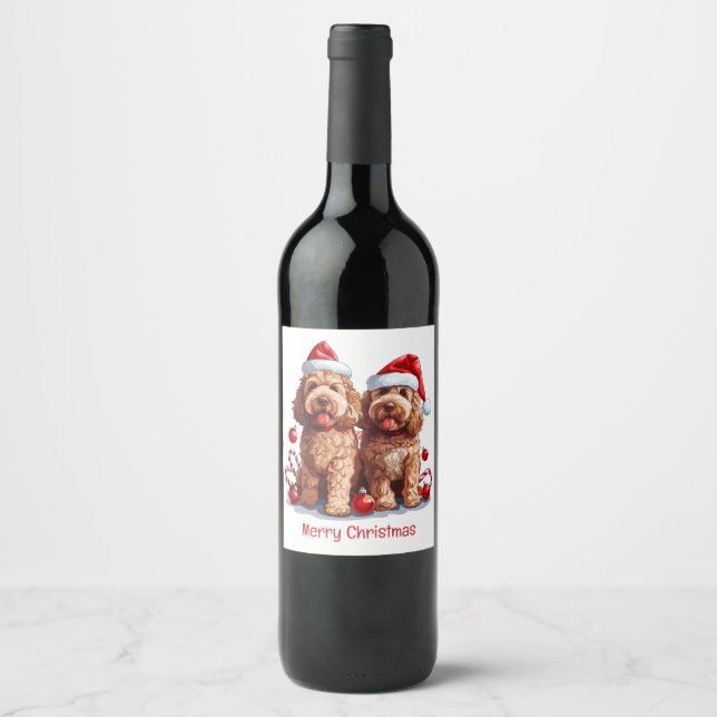 Frohe Weihnachten Goldendoodle Hunde Weinetikett (Vorderseite)