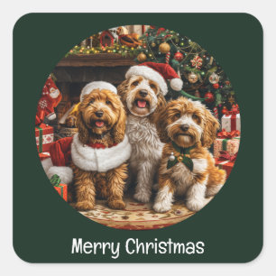 Frohe Weihnachten Goldendoodle Welpen Hunde Quadratischer Aufkleber