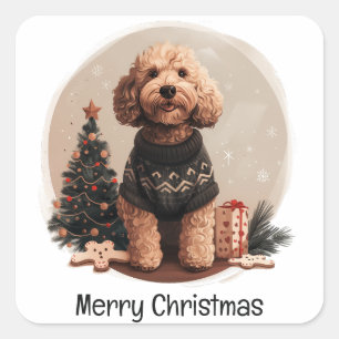Frohe Weihnachten Goldendoodle Welpen Hunde Quadratischer Aufkleber