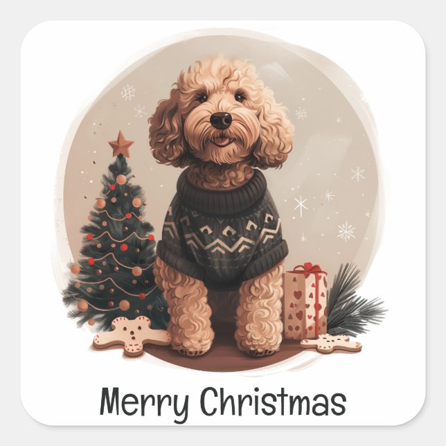 Frohe Weihnachten Goldendoodle Welpen Hunde Quadratischer Aufkleber (Vorderseite)