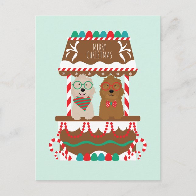 Frohe Weihnachten Goldendoodles Holiday Stand Hund Postkarte (Vorderseite)