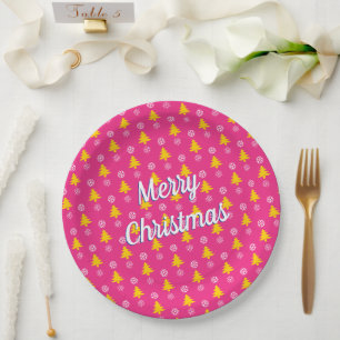 Frohe Weihnachten, goldene Bäume & Schneeflocken Pappteller