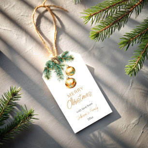 Frohe Weihnachten goldene Kugeln Tannen Geschenkanhänger