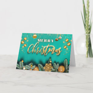 Frohe Weihnachten Goldene Ornamente und Kiefernzwe Karte