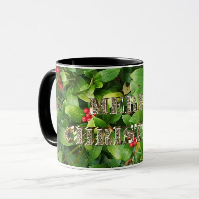 Frohe Weihnachten Goldene Typografie Skimmia Blora Tasse (Vorderseite Links)