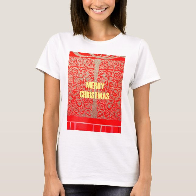 Frohe Weihnachten Goldener Roter Schnee Glitzer Ku T-Shirt (Vorderseite)