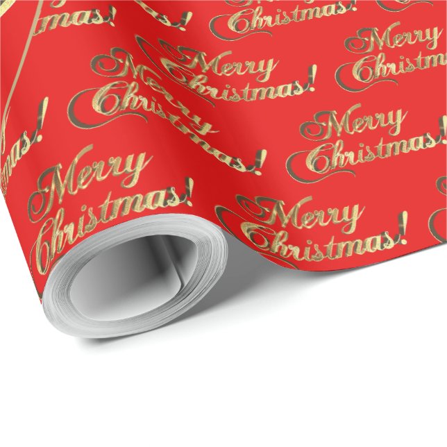 Frohe Weihnachten Goldfolie Skript Hellrot Geschenkpapier (Rolleneckpunkt)