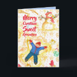 Frohe Weihnachten Grandson Snowman Angels Winter Karte<br><div class="desc">Frohe Weihnachtsgrüße für einen süßen Enkel mit einem jungen Jungen,  der Schneegel mit einem lächelnden Schneemann und Schnee illustriert mit Wasserfarbe. Ein warmer Blau ist innen.  Sie können die Farbe und den Text im Inneren entsprechend Ihren Bedürfnissen bearbeiten.</div>