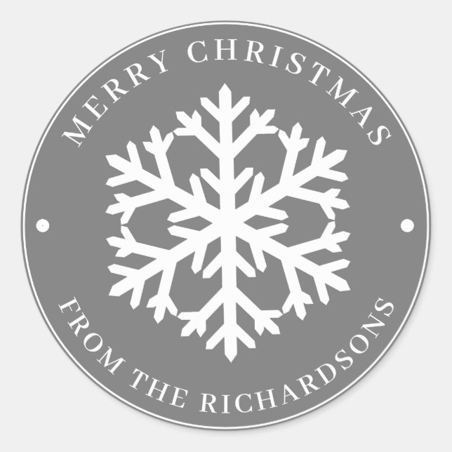 Frohe Weihnachten Graue Runde Weiße Schneeflocke Runder Aufkleber (Vorderseite)
