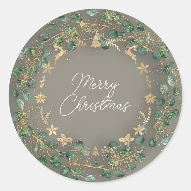 Frohe Weihnachten Gray Green Wreath Woodland Gold Runder Aufkleber (Vorderseite)
