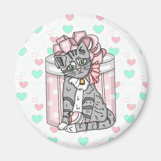 Frohe Weihnachten Gray Kitten Pink Bow Magnet (Vorne)