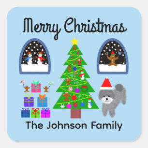 Frohe Weihnachten Gray Poodle Weihnachts #4 Sticke Quadratischer Aufkleber