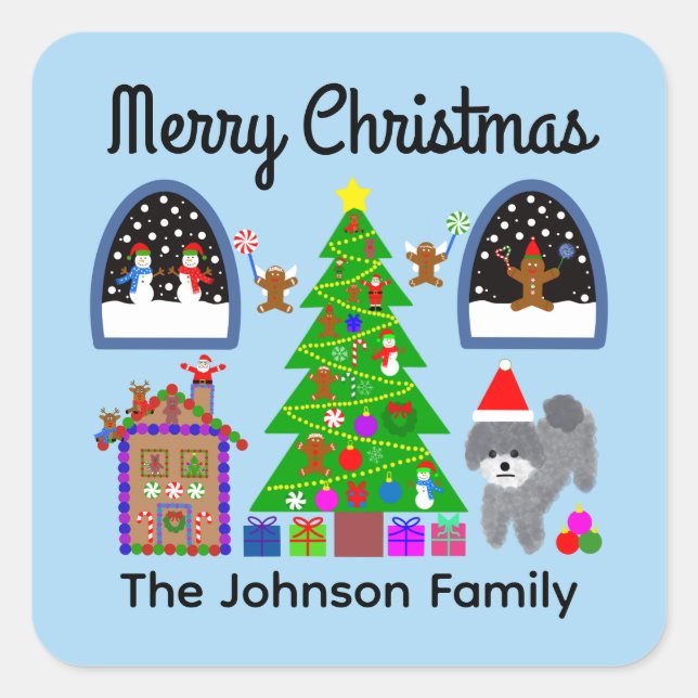 Frohe Weihnachten Gray Poodle Weihnachts #6 Sticke Quadratischer Aufkleber (Vorderseite)