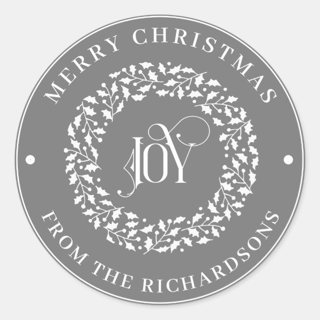 Frohe Weihnachten Gray Round White Holly Wreath JO Runder Aufkleber (Vorderseite)