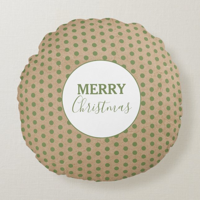 Frohe Weihnachten Green Polka Dots Kraft Rustikal Rundes Kissen (Vorderseite)