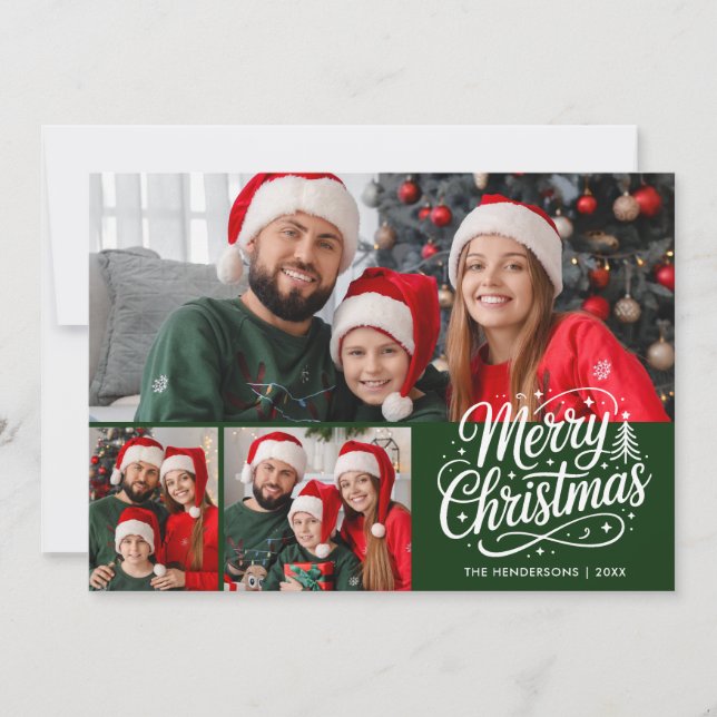 Frohe Weihnachten Green Script 3 Familienfoto (Vorderseite)