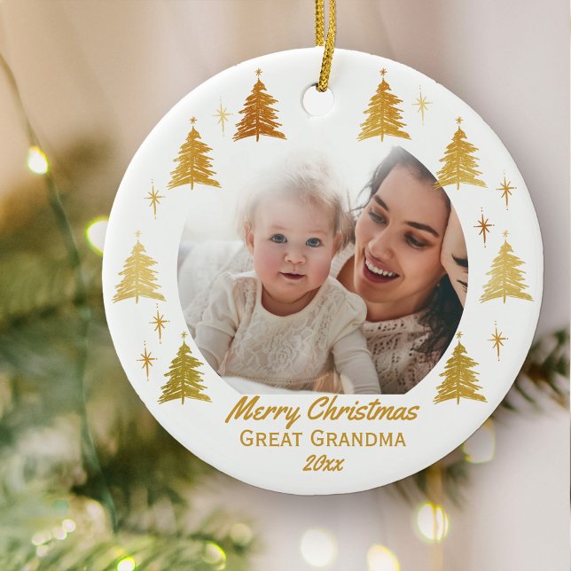 Frohe Weihnachten Große Oma - Weißes Gold Foto Keramik Ornament (Christmas photo ornament for Great Grandma)