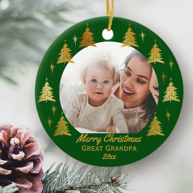 Frohe Weihnachten Große Opa Grün und Gold Foto Keramik Ornament (Christmas photo ornament for Great Grandpa)
