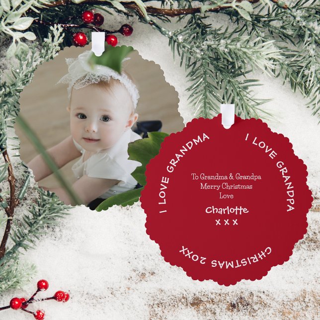 Frohe Weihnachten Großeltern Name und Baby-Foto Ornament Karte (Front And Back)