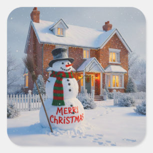 FROHE WEIHNACHTEN GROSSER SCHNEEMANN WINTERSZENE QUADRATISCHER AUFKLEBER
