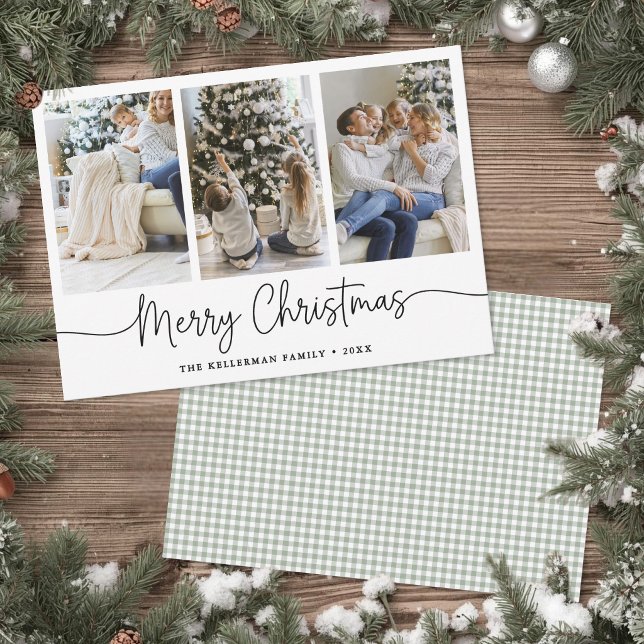 Frohe Weihnachten Grün Gingham Minimalistisches Fo (Merry Christmas Green Gingham Minimalist Photo Holiday Card )