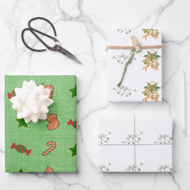 Frohe Weihnachten Grün Glocken Niedliche Candy Soc Geschenkpapier Set (Vorderseite)