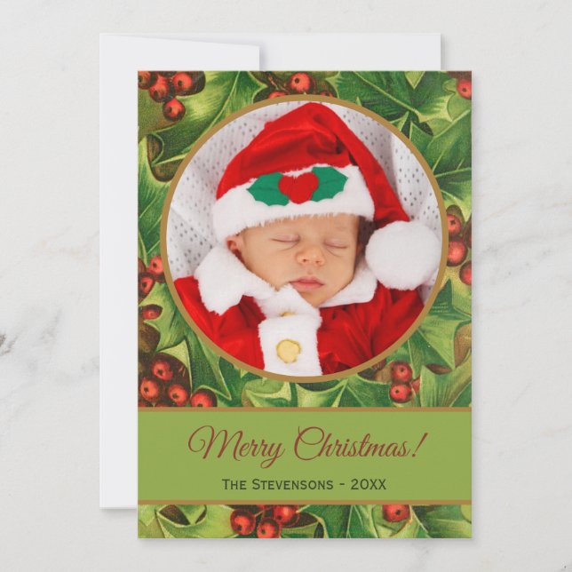 Frohe Weihnachten Grün Holly Red Script Baby Foto (Vorderseite)