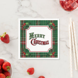 Frohe Weihnachten Grün Kariert mit Stechpalme Serviette