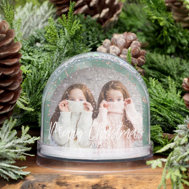 Frohe Weihnachten Grün Personalisiertes Foto Schneekugeln (Winter)