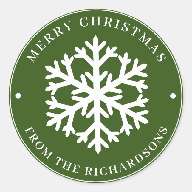 Frohe Weihnachten Grün Runde Weiße Schneeflocke Runder Aufkleber (Vorderseite)