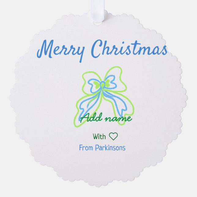 Frohe Weihnachten grüne blaue Bogen fügen Familien Ornament Karte (Vorderseite)