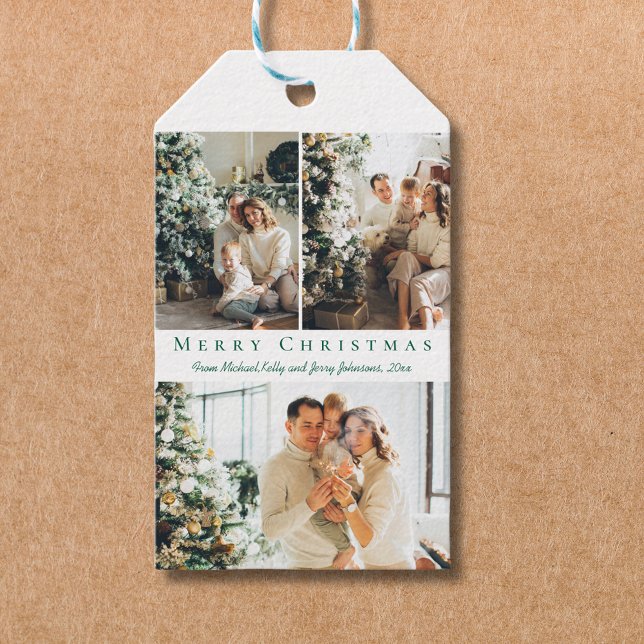 Frohe Weihnachten grüne Drehbuch 3 Fotos Collage Geschenkanhänger (Von Creator hochgeladen)
