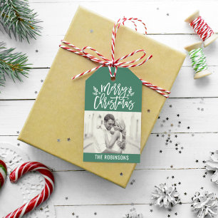 Frohe Weihnachten Grüne Foto Familienname Geschenkanhänger