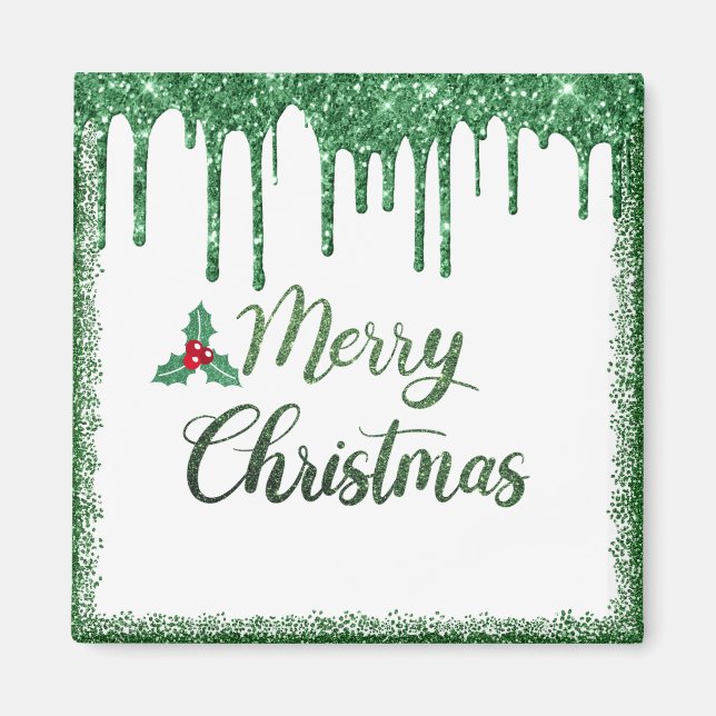 Frohe Weihnachten - Grüne Glitzer Kirsche Magnet (Vorne)