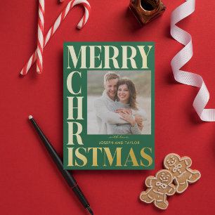 Frohe Weihnachten Grüne Gold-Typografie Quadratisc Folien Feiertagskarte