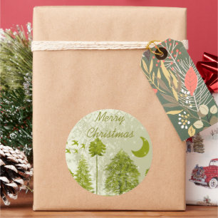 Frohe Weihnachten Grüne Pines Moon & Stars Runder Aufkleber