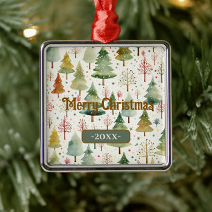 Frohe Weihnachten Grüne Wasserfarbe Tannen Ornament Aus Metall