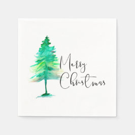Frohe Weihnachten, grüne Watercolor-Pinetree-Stric Serviette