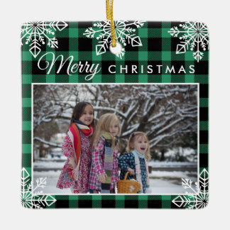 Frohe Weihnachten Grüner Karierter Schneeflocken 2 Keramikornament