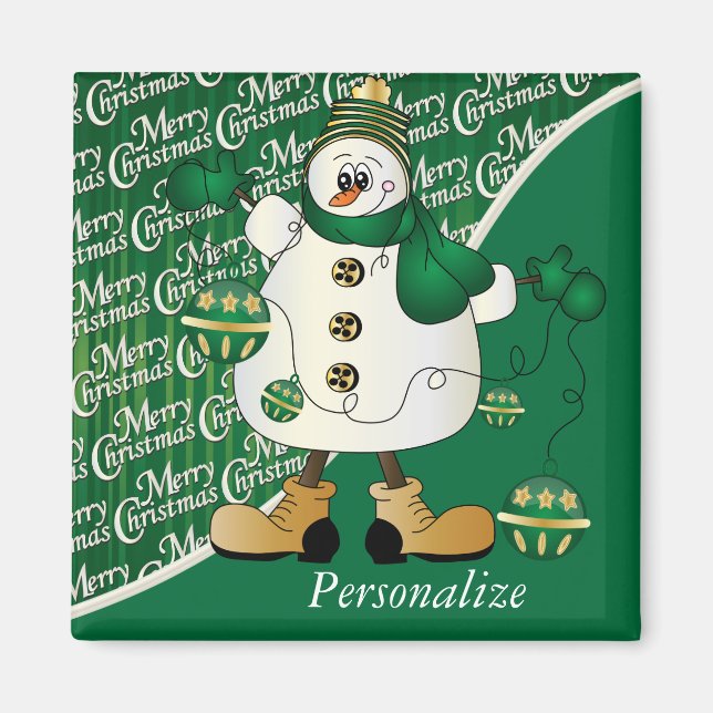 Frohe Weihnachten Grüner Snowman Magnet (Vorne)