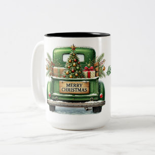 Frohe Weihnachten Grüner Vintage-LKW Zweifarbige Tasse