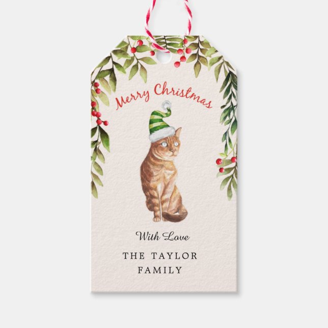 Frohe Weihnachten Grünes Leaf Red Berries Cat Love Geschenkanhänger (Vorderseite)