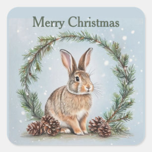 Frohe Weihnachten Hase und Kiefer Quadratischer Aufkleber