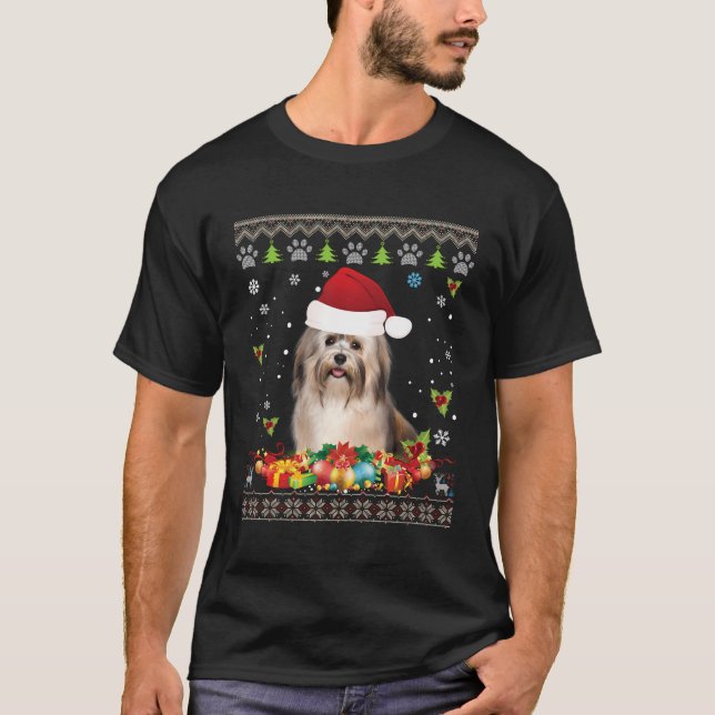 Frohe Weihnachten Havanese Hund Ugly Sweater Santa T-Shirt (Vorderseite)