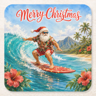Frohe Weihnachten Hawaiian Surfing Santa Rechteckiger Pappuntersetzer